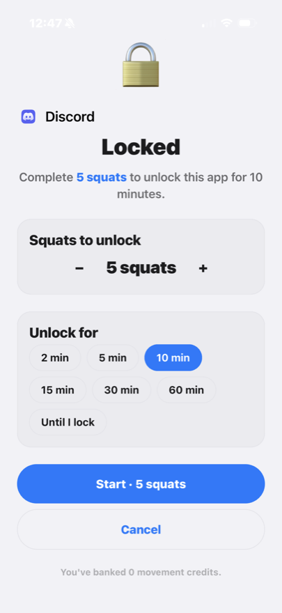 Unlock screen where you set how many squats to do and how long the app stays open