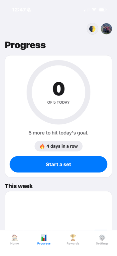 Progress screen showing squats completed over time and the current streak